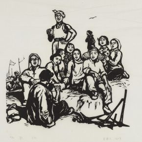 20 Song Yuanwen, Singing, 1960; black and white woodcut, 45×42cm