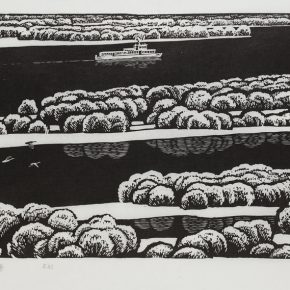 25 Song Yuanwen, The First Snow in Heilongjiang province, 1980; black and white woodcut, 32×64cm
