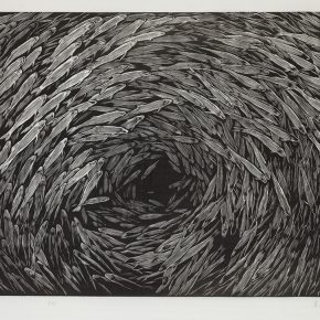 34 Song Yuanwen, Gathering, 2003; black and white woodcut, 55×78cm