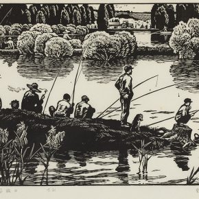 42 Song Yuanwen, Farm Holiday, 1979; black and white woodcut, 49×35cm