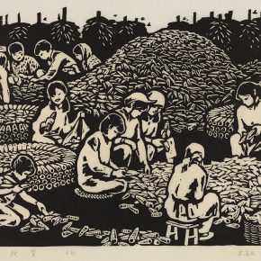 44 Song Yuanwen, Autumn Fruits, 1982; black and white woodcut, 30×56cm