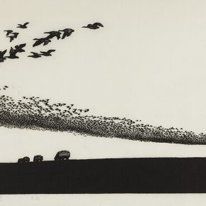 51 Song Yuanwen, Wild Goose Honk in the Sky, 1984; black and white woodcut, 42×71cm