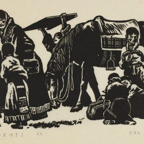 55 Song Yuanwen, Teacher Drolma is coming, 1981; black and white woodcut, 45×28cm